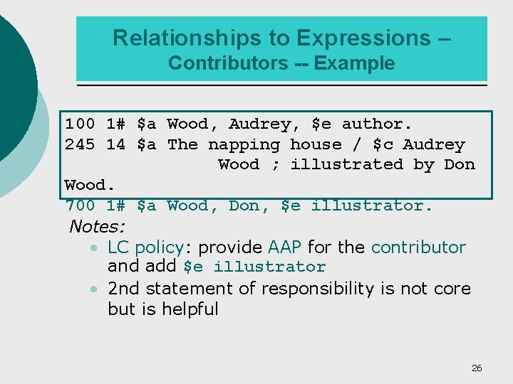 Relationships to Expressions – Contributors -- Example 100 1# $a Wood, Audrey, $e author.