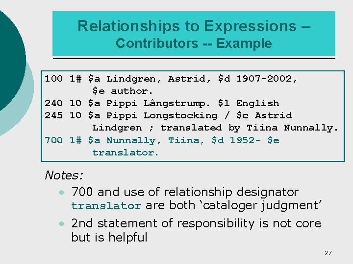 Relationships to Expressions – Contributors -- Example 100 1# $a Lindgren, Astrid, $d 1907