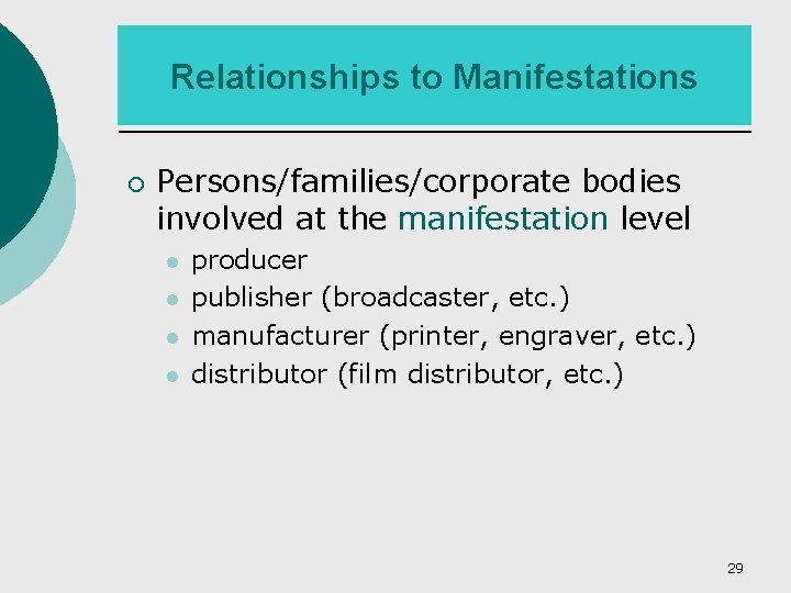 Relationships to Manifestations ¡ Persons/families/corporate bodies involved at the manifestation level producer publisher (broadcaster,