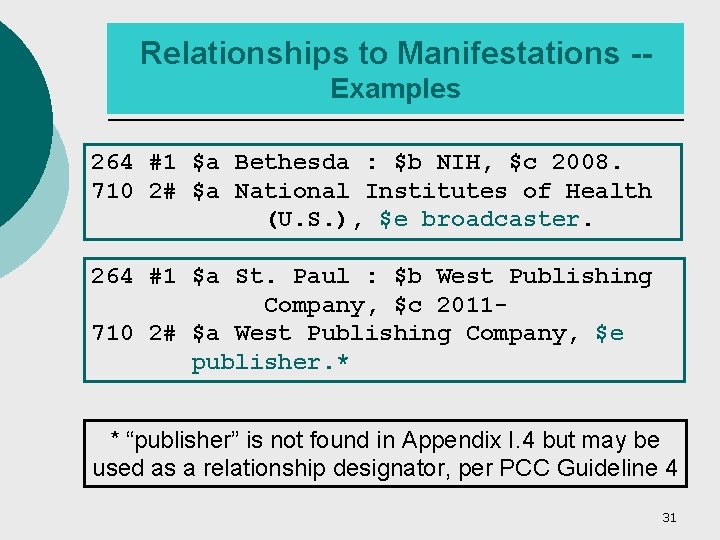 Relationships to Manifestations -Examples 264 #1 $a Bethesda : $b NIH, $c 2008. 710