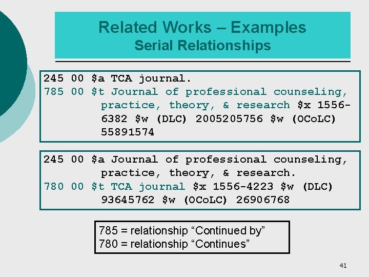 Related Works – Examples Serial Relationships 245 00 $a TCA journal. 785 00 $t