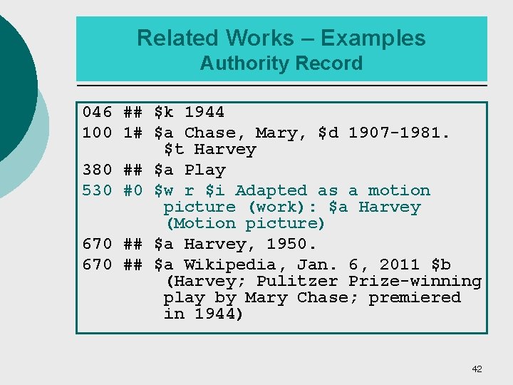 Related Works – Examples Authority Record 046 ## $k 1944 100 1# $a Chase,