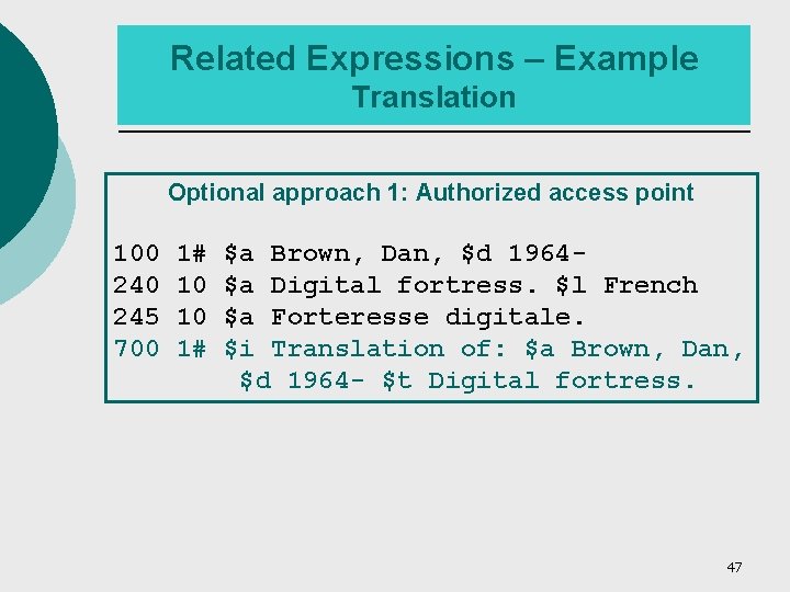 Related Expressions – Example Translation Optional approach 1: Authorized access point 100 245 700