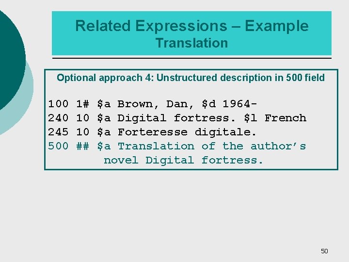 Related Expressions – Example Translation Optional approach 4: Unstructured description in 500 field 100