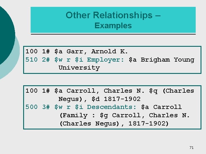 Other Relationships – Examples 100 1# $a Garr, Arnold K. 510 2# $w r