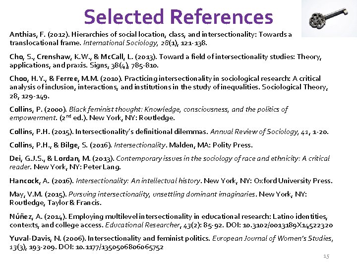 Selected References Anthias, F. (2012). Hierarchies of social location, class, and intersectionality: Towards a