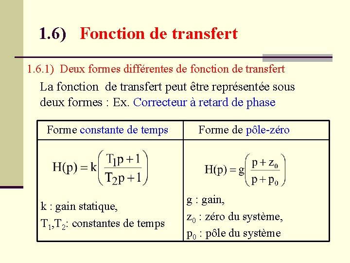 1. 6) Fonction de transfert 1. 6. 1) Deux formes différentes de fonction de