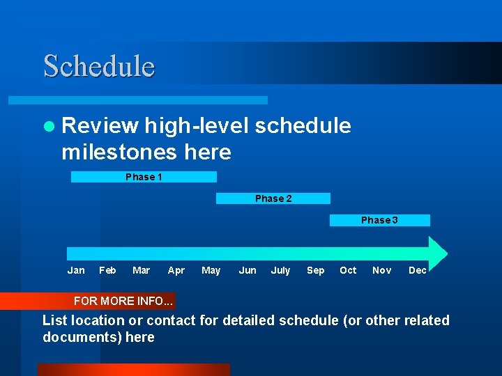 Schedule l Review high-level schedule milestones here Phase 1 Phase 2 Phase 3 Jan