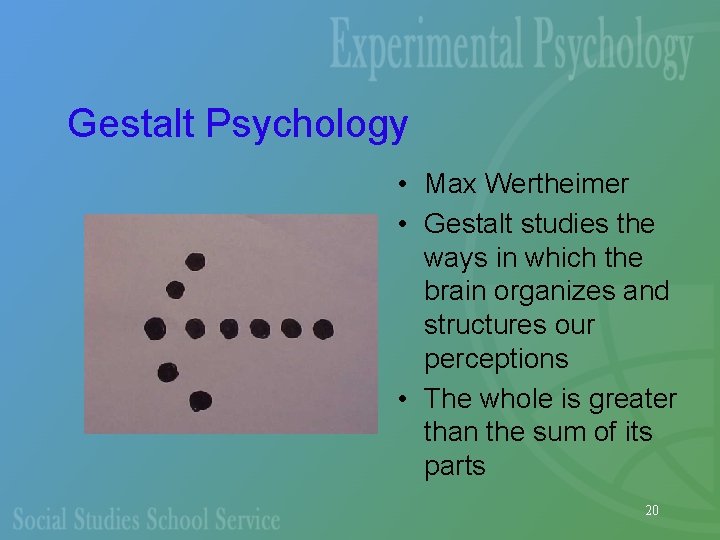Gestalt Psychology • Max Wertheimer • Gestalt studies the ways in which the brain