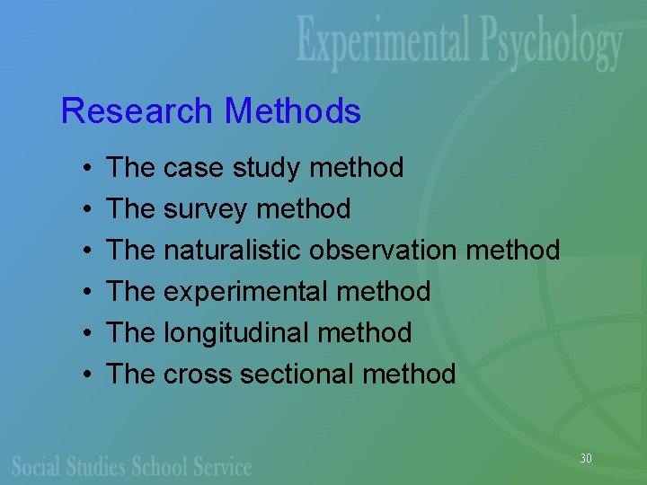 Research Methods • • • The case study method The survey method The naturalistic