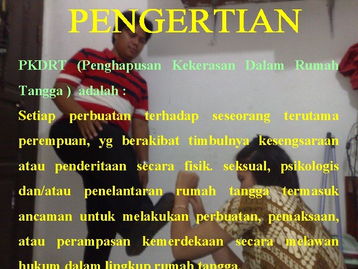 PKDRT (Penghapusan Kekerasan Dalam Rumah Tangga ) adalah : Setiap perbuatan terhadap seseorang terutama