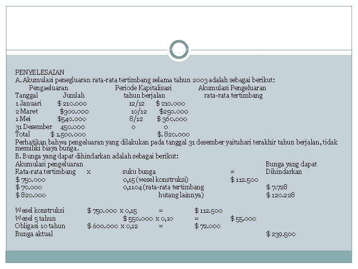 PENYELESAIAN A. Akumulasi penegluaran rata-rata tertimbang selama tahun 2003 adalah sebagai berikut: Pengaeluaran Periode