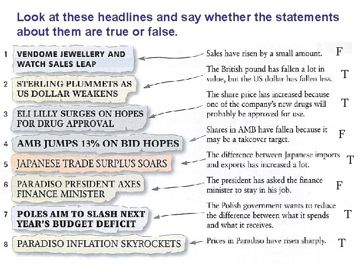 Look at these headlines and say whether the statements about them are true or Look at these headlines and say whether the statements about them are true or