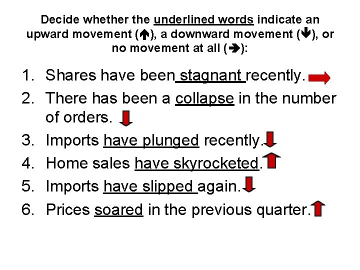 Decide whether the underlined words indicate an upward movement ( ), a downward movement