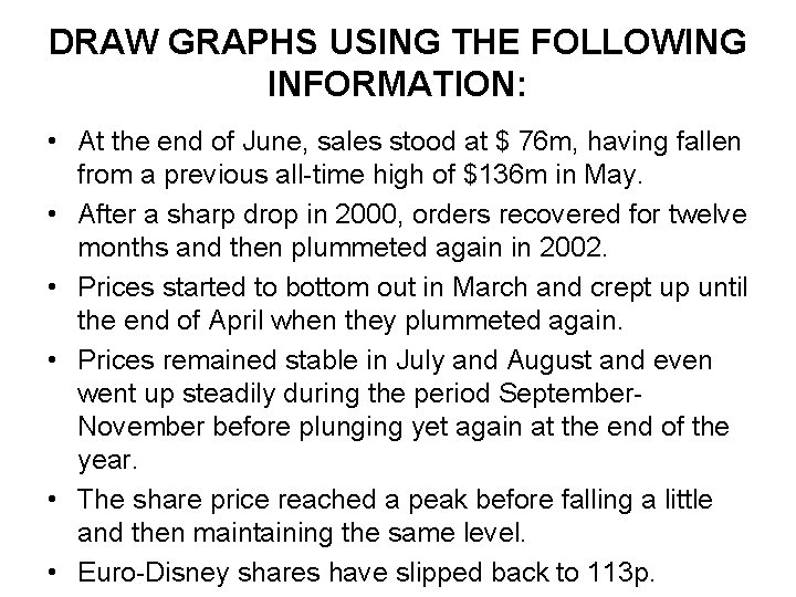 DRAW GRAPHS USING THE FOLLOWING INFORMATION: • At the end of June, sales stood