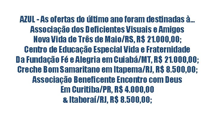 AZUL - As ofertas do último ano foram destinadas à. . . Associação dos