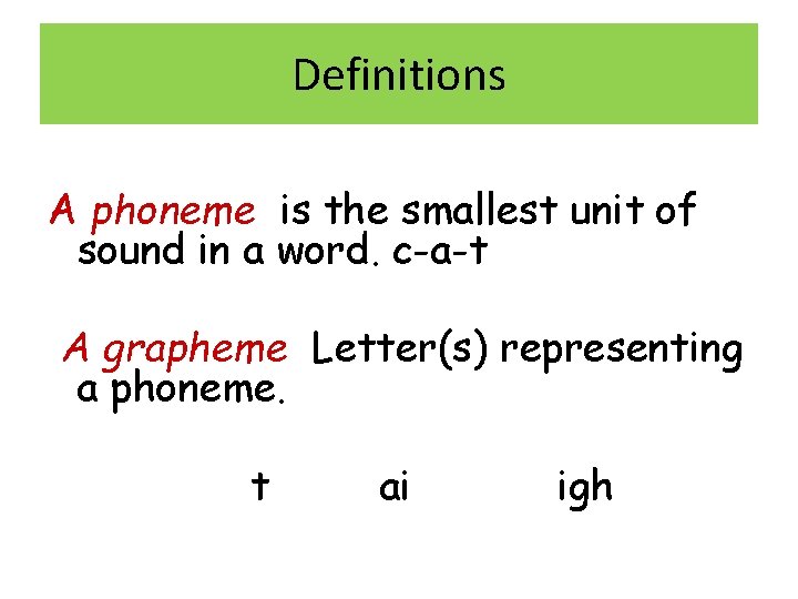 Definitions A phoneme is the smallest unit of sound in a word. c-a-t A