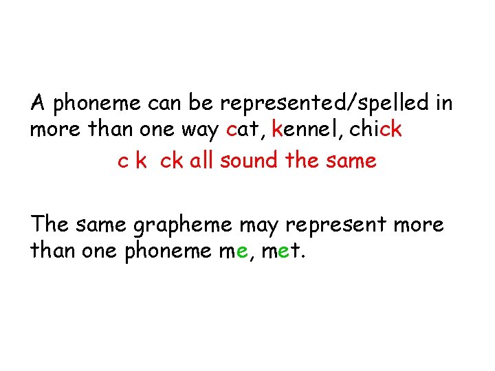 A phoneme can be represented/spelled in more than one way cat, kennel, chick c