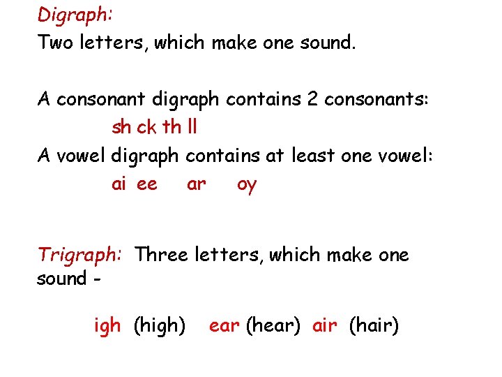 Digraph: Two letters, which make one sound. A consonant digraph contains 2 consonants: sh