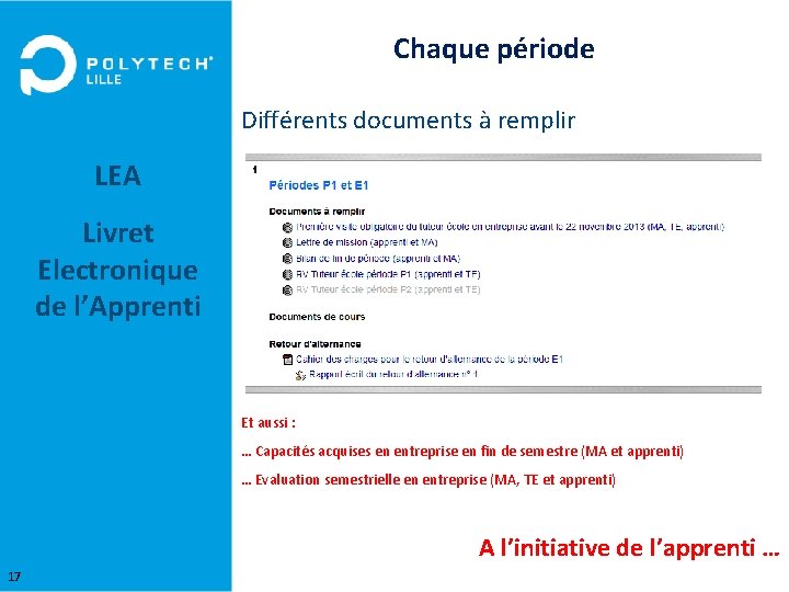 Chaque période Différents documents à remplir LEA Livret Electronique de l’Apprenti GIS 2 A