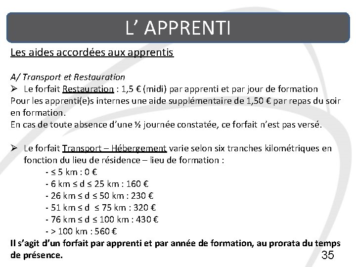 L’ APPRENTI Les aides accordées aux apprentis A/ Transport et Restauration Ø Le forfait