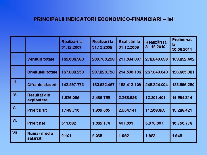 PRINCIPALII INDICATORI ECONOMICO-FINANCIARI – lei I. III. IV. V. VII. Realizari la 31. 12.