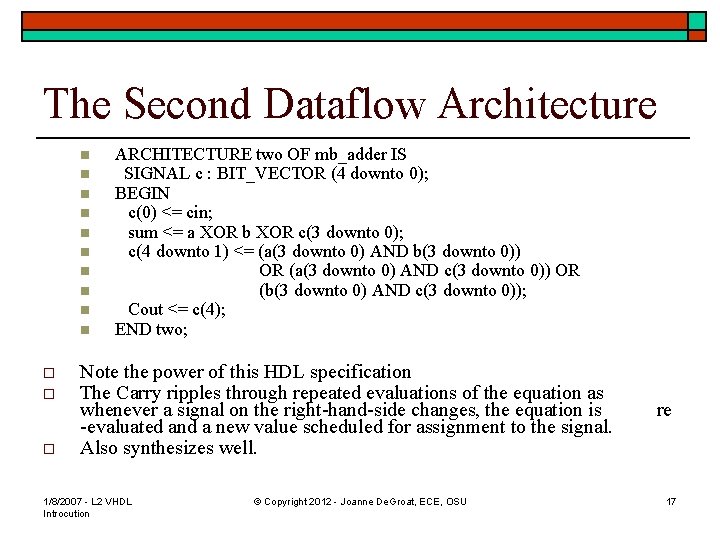 The Second Dataflow Architecture n n n n n o o o ARCHITECTURE two