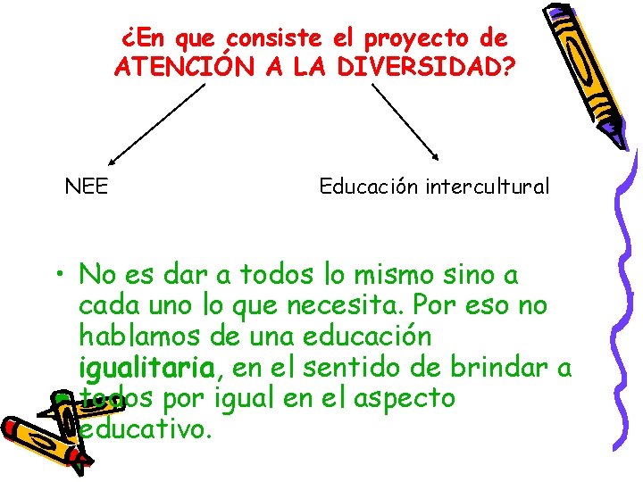 ¿En que consiste el proyecto de ATENCIÓN A LA DIVERSIDAD? NEE Educación intercultural •