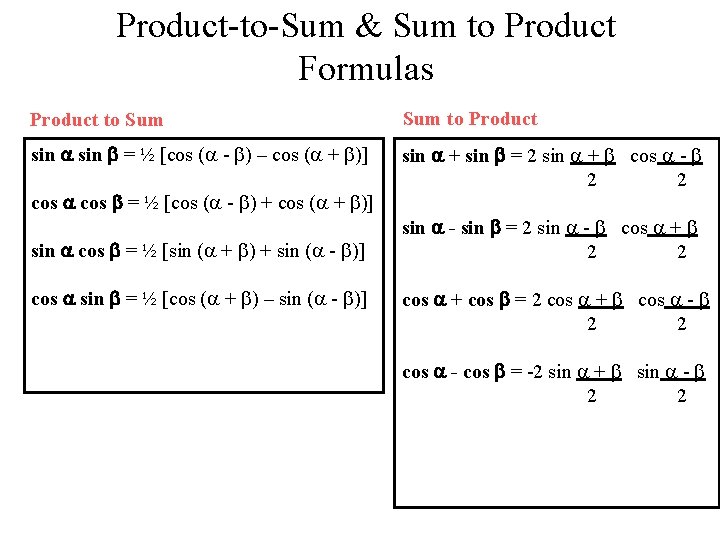 Product-to-Sum & Sum to Product Formulas Product to Sum to Product sin = ½