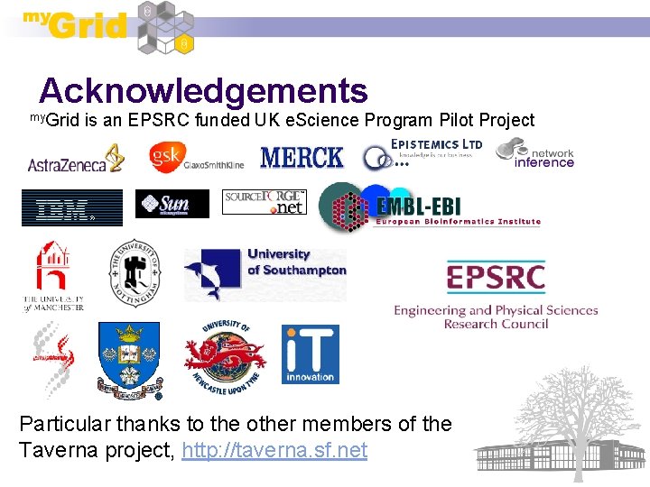 Acknowledgements my. Grid is an EPSRC funded UK e. Science Program Pilot Project Particular