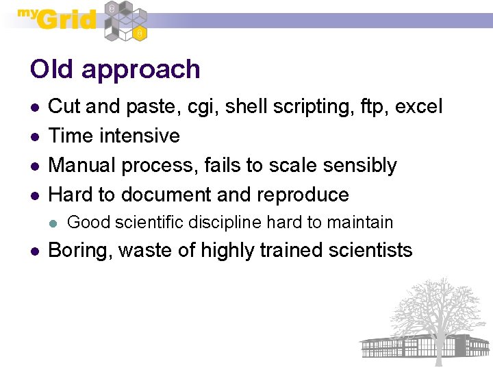 Old approach l l Cut and paste, cgi, shell scripting, ftp, excel Time intensive
