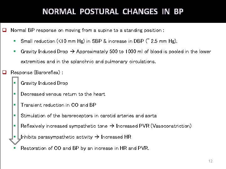 NORMAL POSTURAL CHANGES IN BP q Normal BP response on moving from a supine