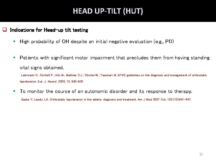 HEAD UP-TILT (HUT) q Indications for Head-up tilt testing § High probability of OH