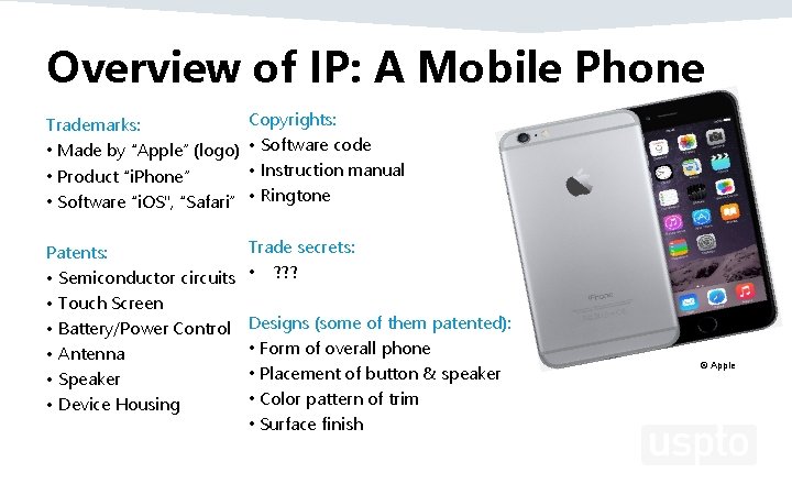 Overview of IP: A Mobile Phone Trademarks: • Made by “Apple” (logo) • Product