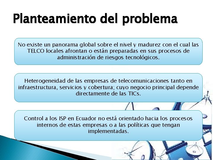 Planteamiento del problema No existe un panorama global sobre el nivel y madurez con