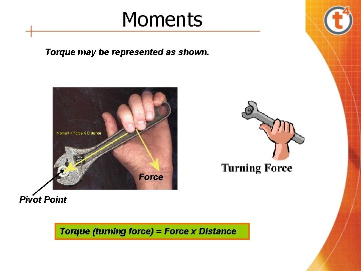 Moments Torque may be represented as shown. Force Pivot Point Torque (turning force) =