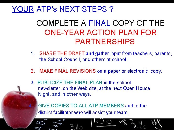 YOUR ATP’s NEXT STEPS ? COMPLETE A FINAL COPY OF THE ONE-YEAR ACTION PLAN