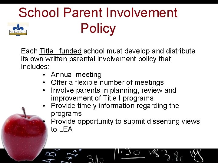 School Parent Involvement Policy Each Title I funded school must develop and distribute its