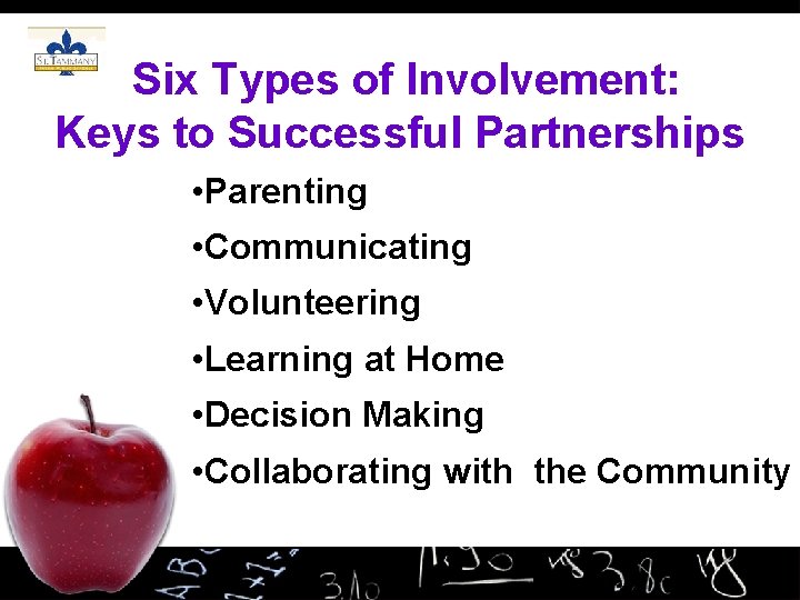 Six Types of Involvement: Keys to Successful Partnerships • Parenting • Communicating • Volunteering