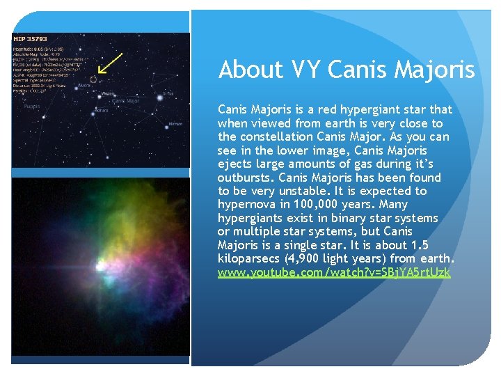 About VY Canis Majoris is a red hypergiant star that when viewed from earth