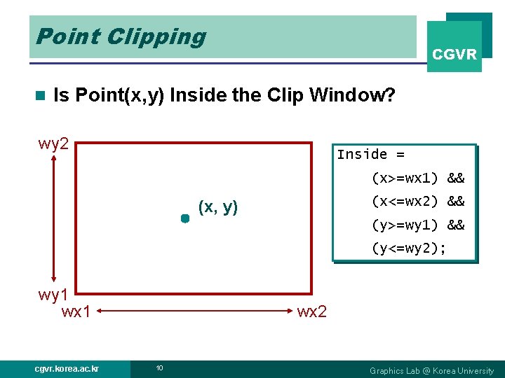 Point Clipping n CGVR Is Point(x, y) Inside the Clip Window? wy 2 Inside