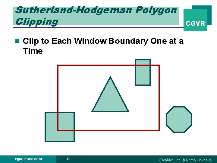 Sutherland-Hodgeman Polygon Clipping n CGVR Clip to Each Window Boundary One at a Time