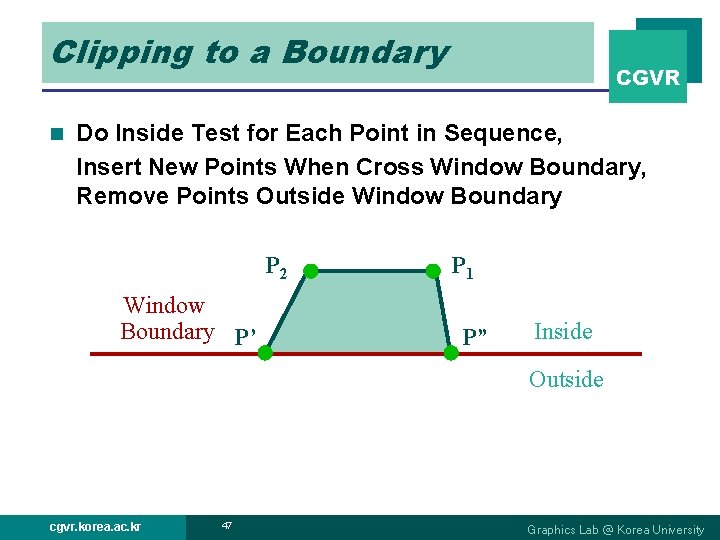 Clipping to a Boundary n CGVR Do Inside Test for Each Point in Sequence,