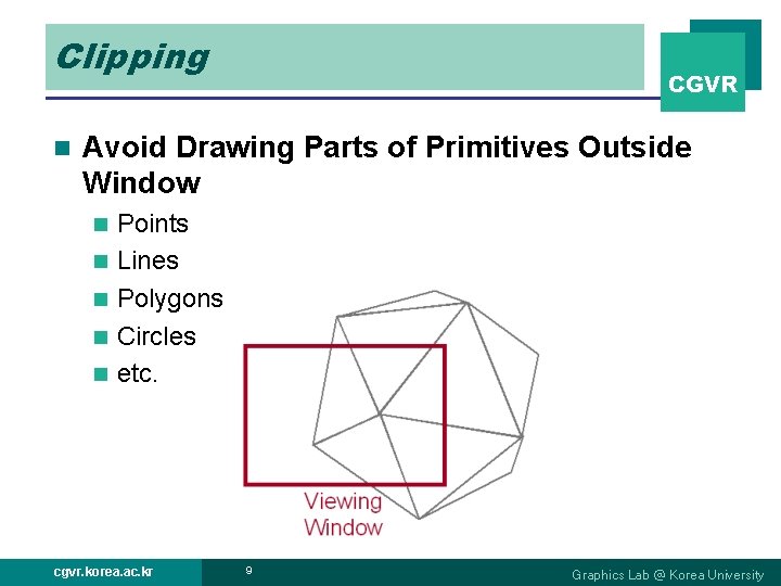 Clipping n CGVR Avoid Drawing Parts of Primitives Outside Window n n n Points