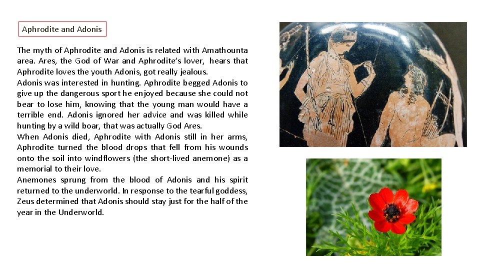 Aphrodite and Adonis The myth of Aphrodite and Adonis is related with Amathounta area.