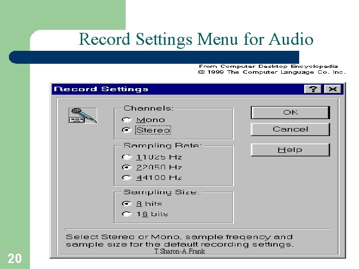 Record Settings Menu for Audio 20 T. Sharon-A. Frank 
