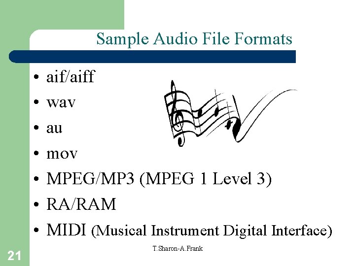 Sample Audio File Formats • • 21 aif/aiff wav au mov MPEG/MP 3 (MPEG