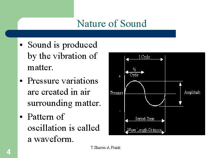 Nature of Sound • Sound is produced by the vibration of matter. • Pressure