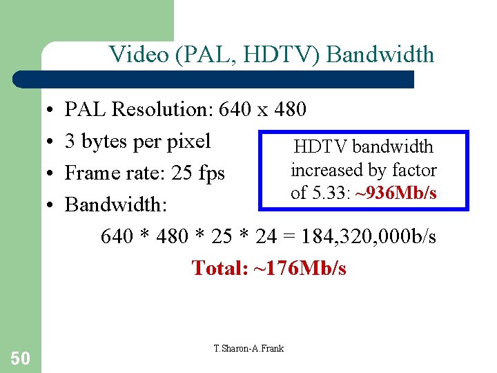 Video (PAL, HDTV) Bandwidth • • 50 PAL Resolution: 640 x 480 3 bytes