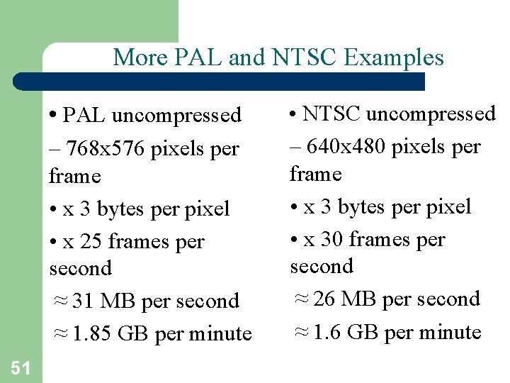 More PAL and NTSC Examples • PAL uncompressed – 768 x 576 pixels per